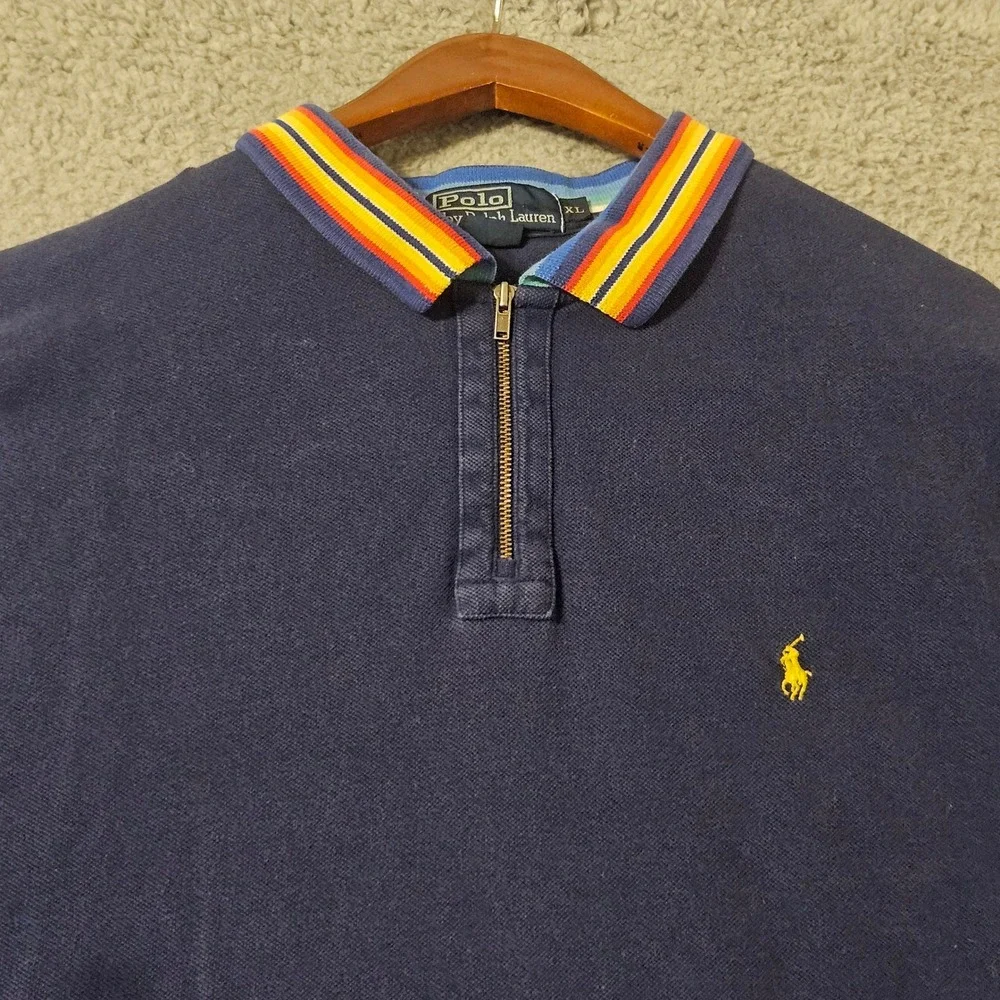 Polo Ralph Lauren Mens XL Navy Blue Rainbow Stripe Collar Quarter Zip Polo Shirt